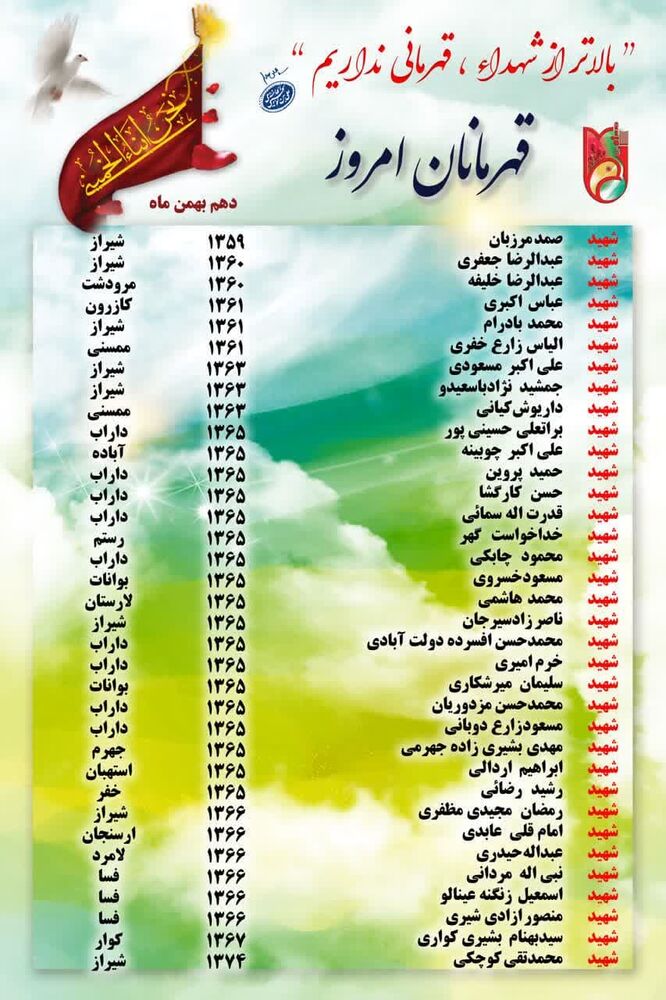 دهم بهمن ماه یادآور شهادت ۳۵ رزمنده استان فارس + اسامی شهدا