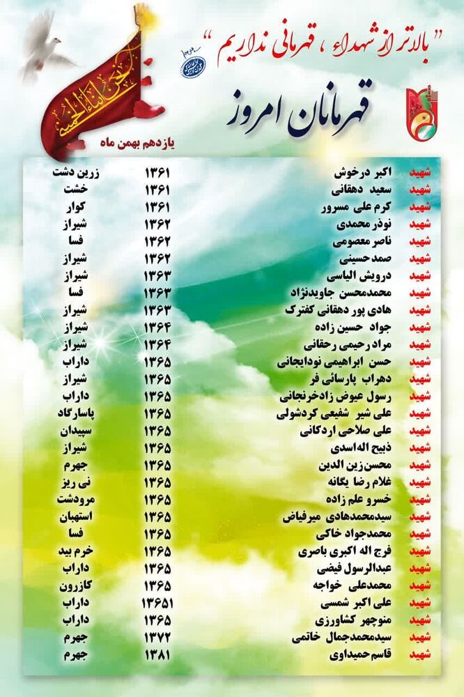 یادزهم بهمن ماه یادآور شهادت ۲۹ رزمنده استان فارس + اسامی شهدا