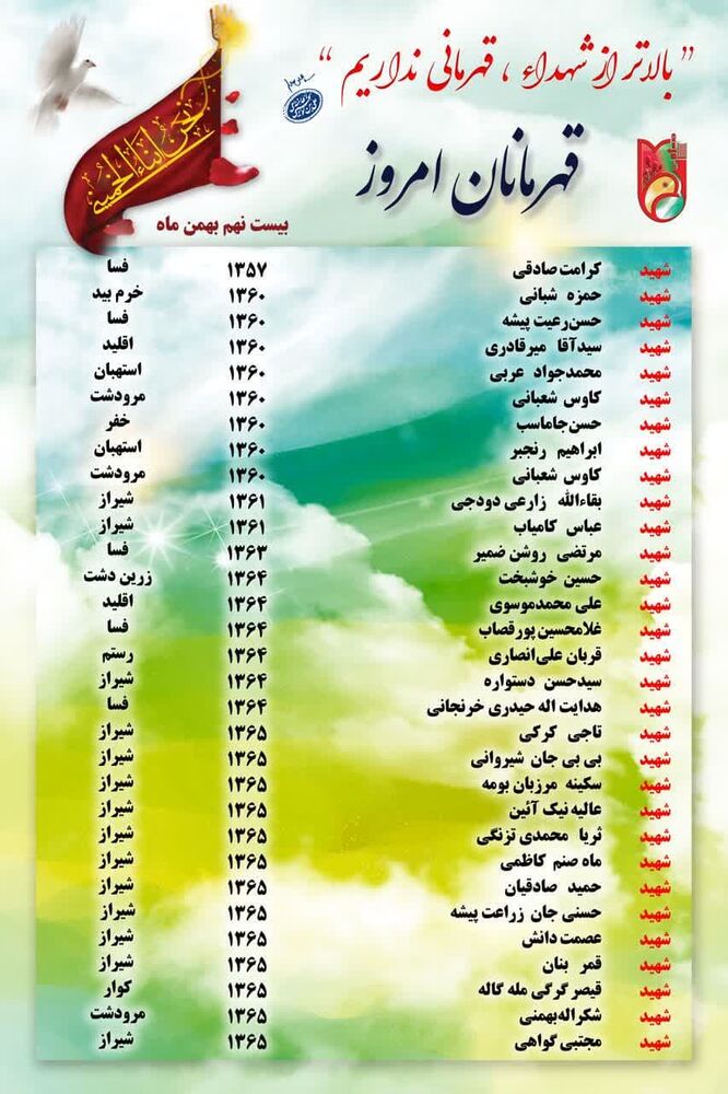 بیستونهم بهمن ماه یادآور شهادت ۵۲ رزمنده استان فارس + اسامی شهدا