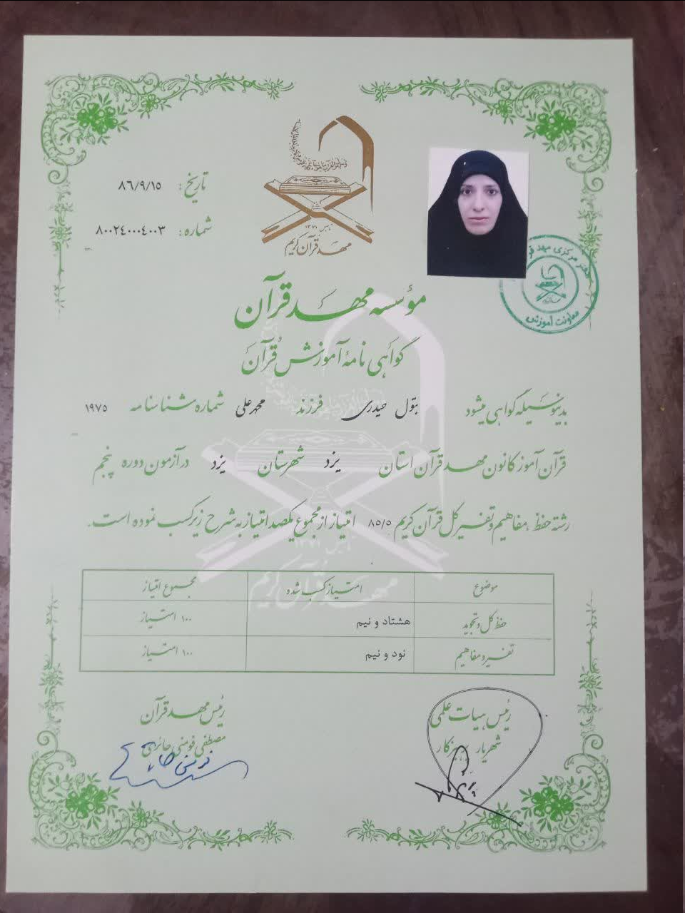 دریافت مدرک درجه یک حفظ تخصصی توسط حافظان کل مهد قرآن