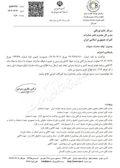 صادرات حبوبات تا اطلاع ثانوی ممنوع شد