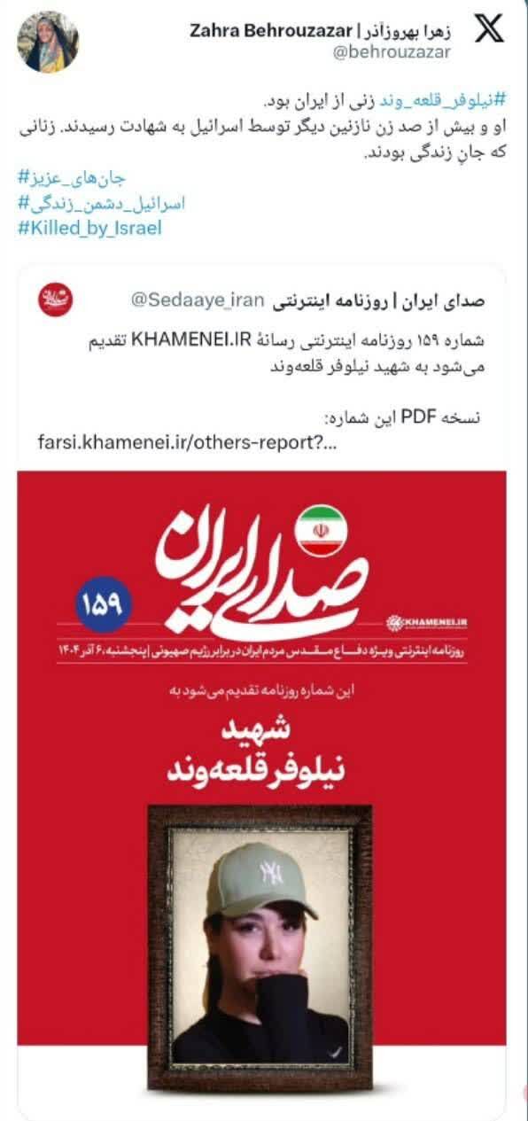 پیام معاون زنان و خانواده رئیس‌جمهور برای شهیده نیلوفر قلعه‌وند