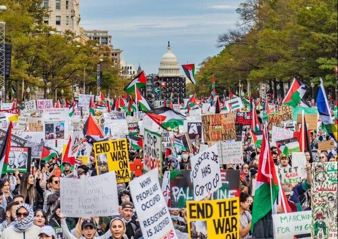 راهپیمایی حامیان فلسطین از مقابل انجمن اسلامی بالتیمور آمریکا