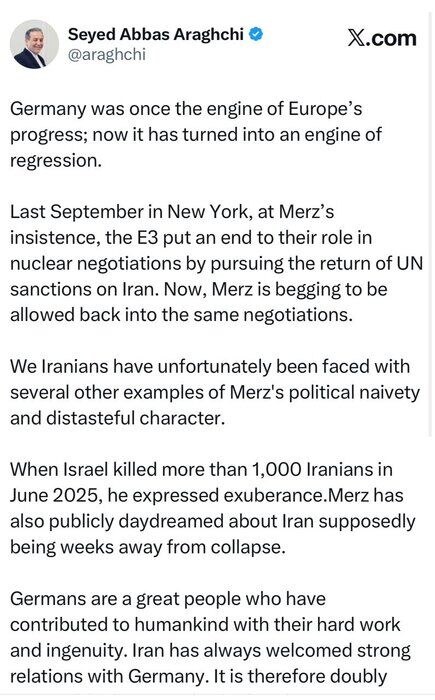 عراقچی: امیدواریم رهبری سیاسی خردمندانهتر بار دیگر به آلمان بازگردد