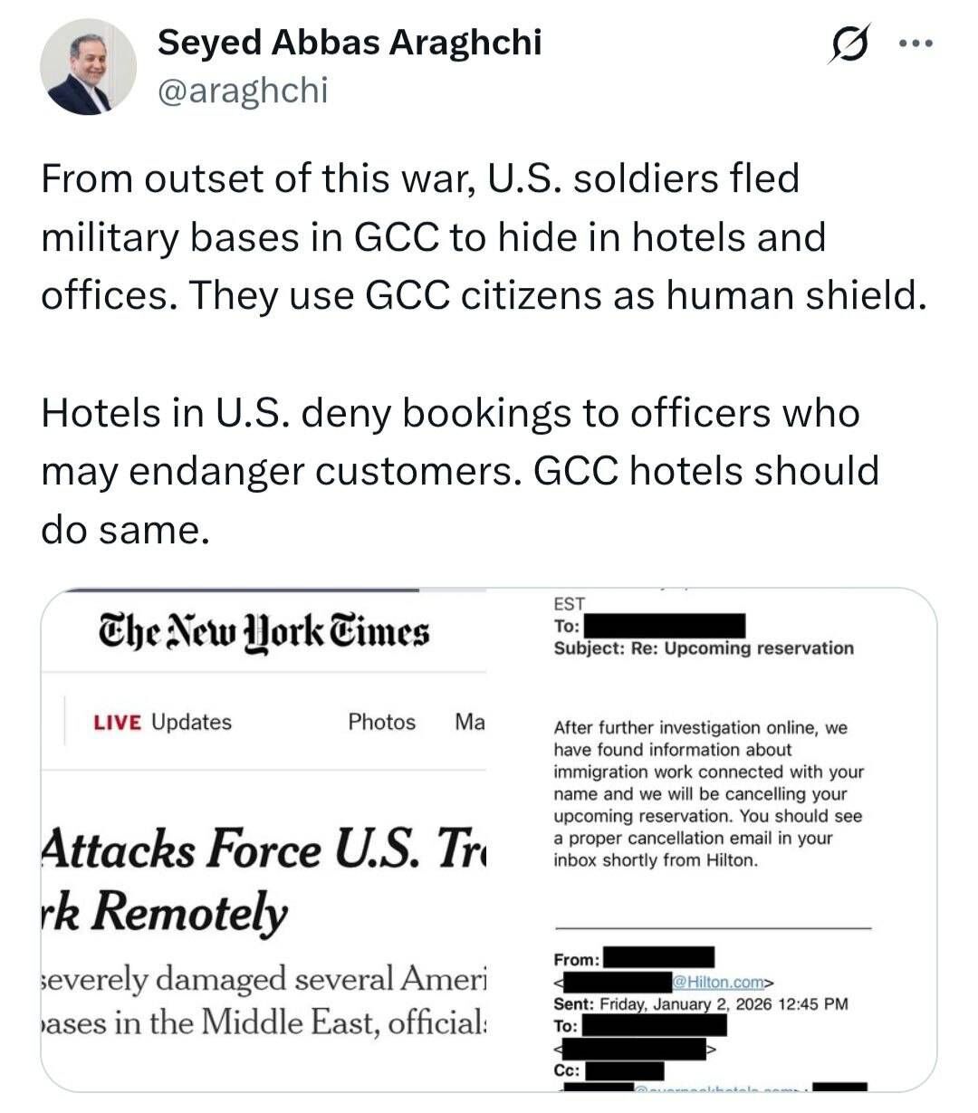 عراقچی: به نظامیانی که ممکن است امنیت مشتریان را به خطر اندازند، خدمات اقامتی ارائه ندهید