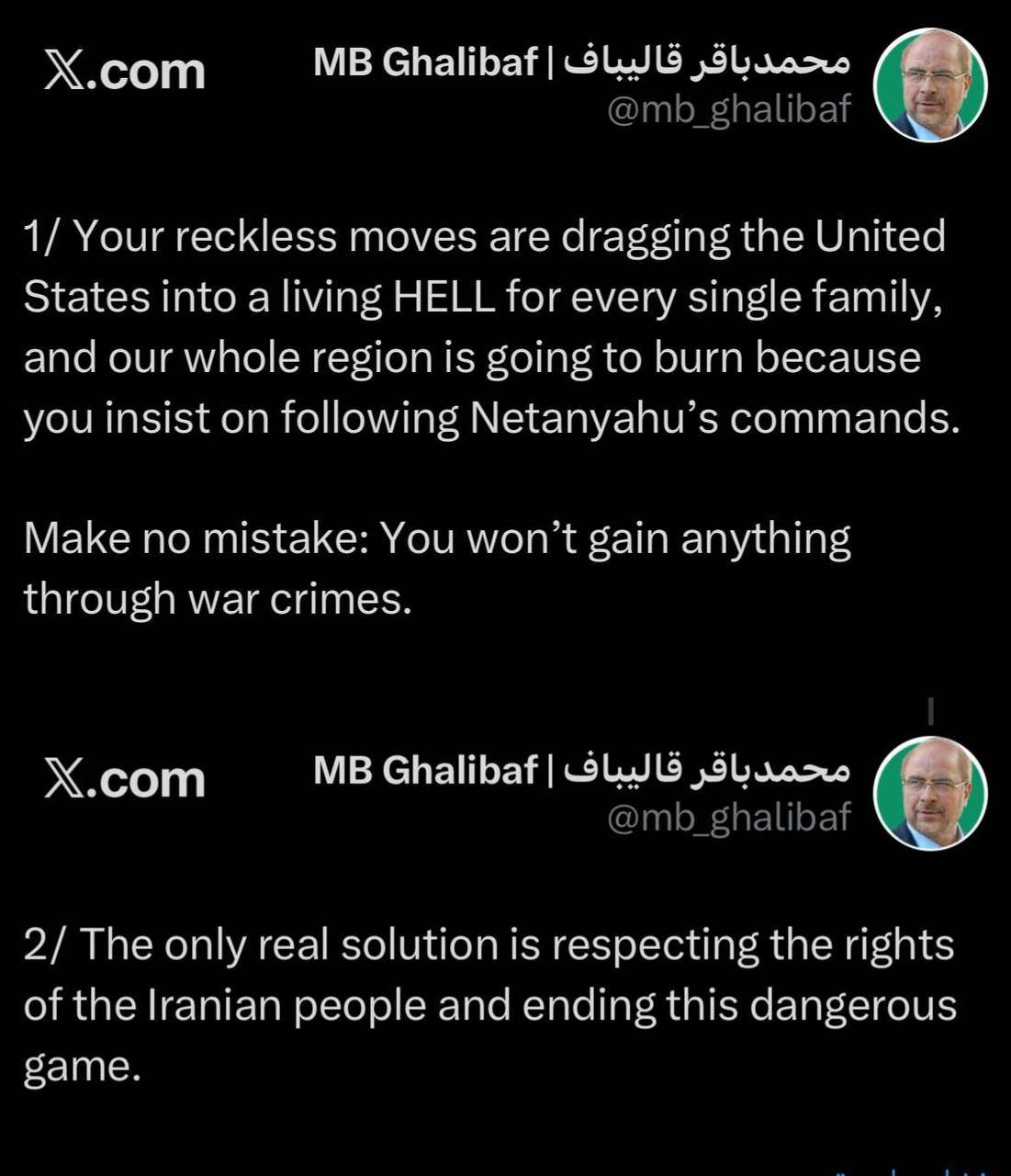 پاسخ قالیباف به تهدید ترامپ/اصرار تو بر اطاعت از دستورات نتانیاهو، کل منطقه را به آتش می کشد