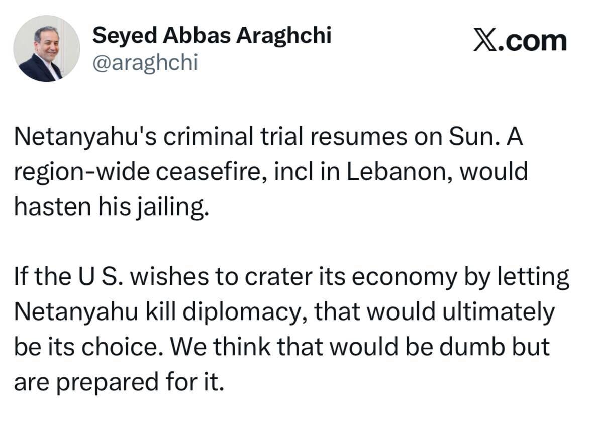 عراقچی: اگر آمریکا می‌خواهد با اجازه به نتانیاهو برای نابود کردن مسیر دیپلماسی، اقتصاد خود را نابود کند، ما آماده‌ایم!