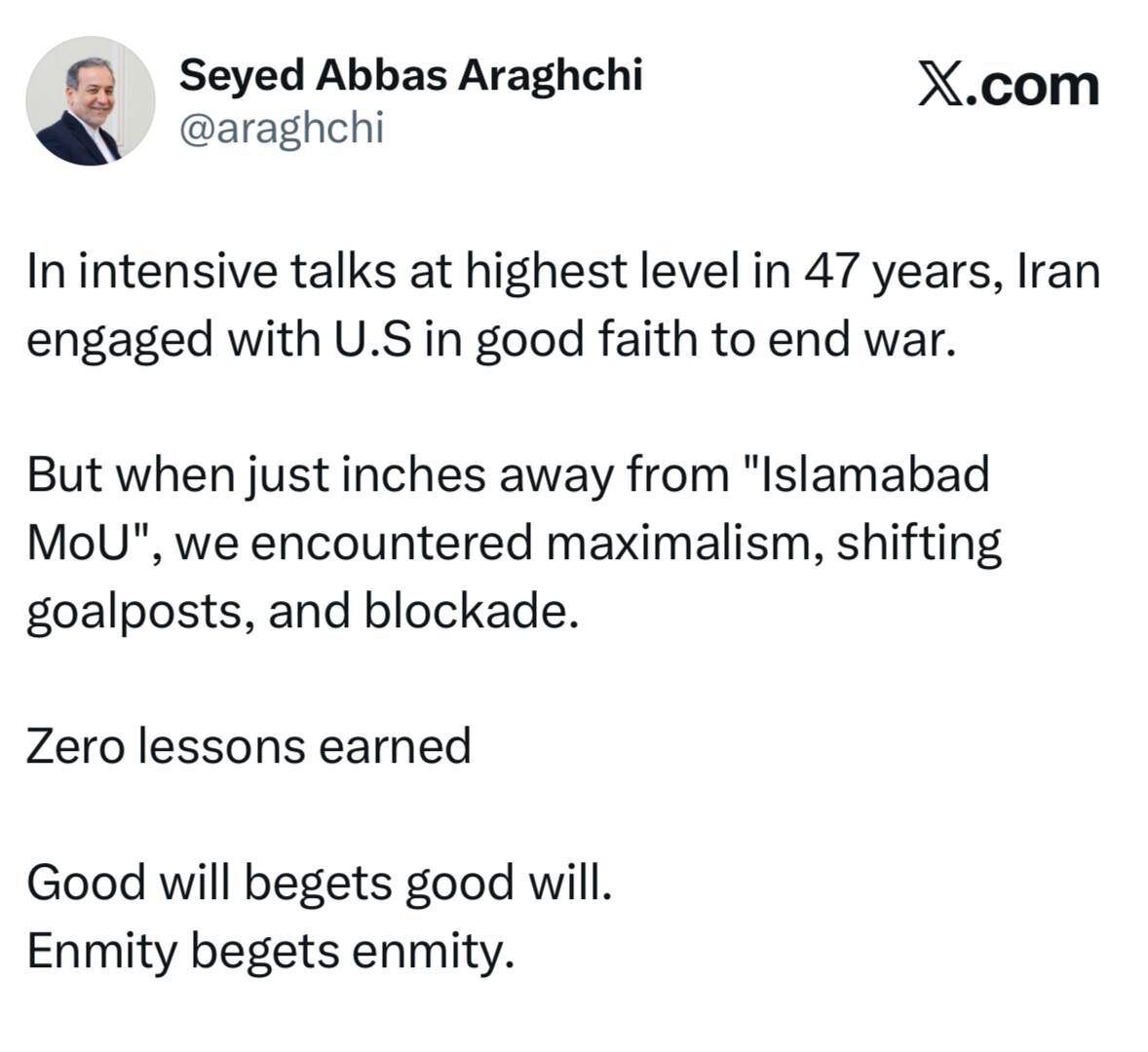 عراقچی: ایران با حسن نیت وارد مذاکره شد تا به جنگ پایان دهد