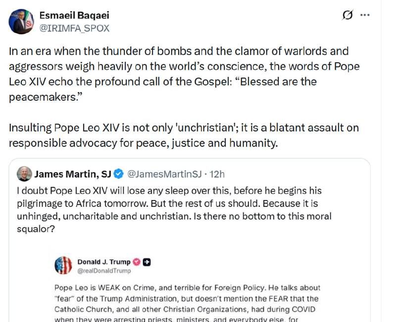 بقایی: توهین به پاپ تعرض به ندای صلح‌خواهی، عدالت‌طلبی و انسانیت است