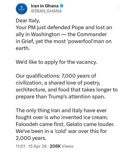 واکنش کنایه آمیز سفارت ایران در غنا به حمله ترامپ علیه پاپ