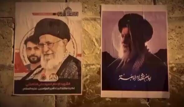 نصب تصاویر رهبر شهید انقلاب و شهید سید محمد موسوی در منطقه بنی‌جمره بحرین