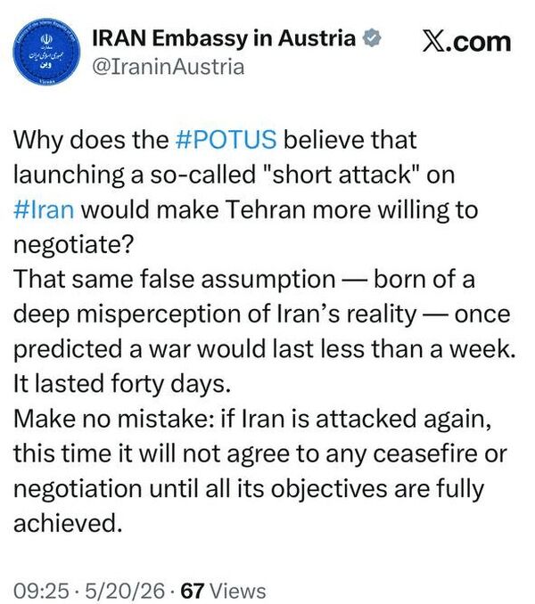 سفارت ایران: در صورت از سرگیری جنگ هیچ آتشبسی را نمیپذیریم