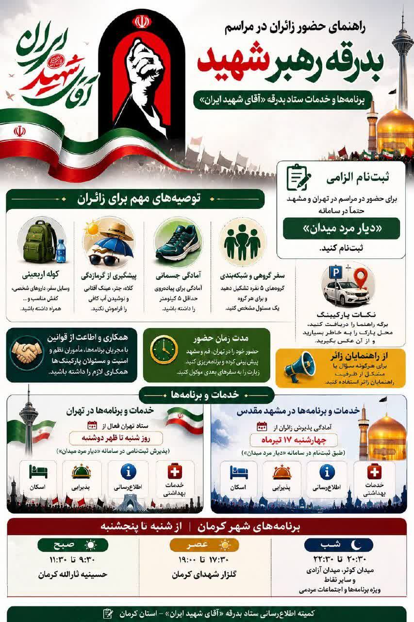 اینفوگرافی| خدمات و راهنمای حضور زائران کرمانی در مراسم بدرقه «آقای شهید ایران»