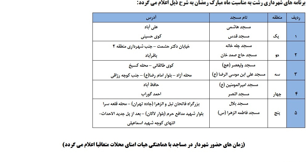 برنامه‌های ماه رمضان شهرداری رشت در مساجد+جدول