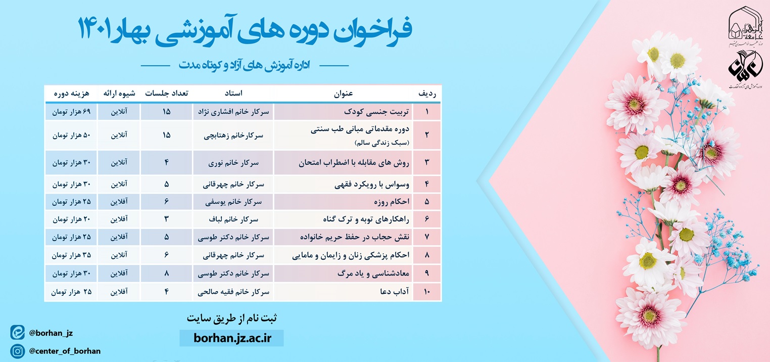 فراخوان ثبت نام در دوره‌های کوتاه‌مدت بهاره جامعه‌الزهرا(س) ویژه بانوان