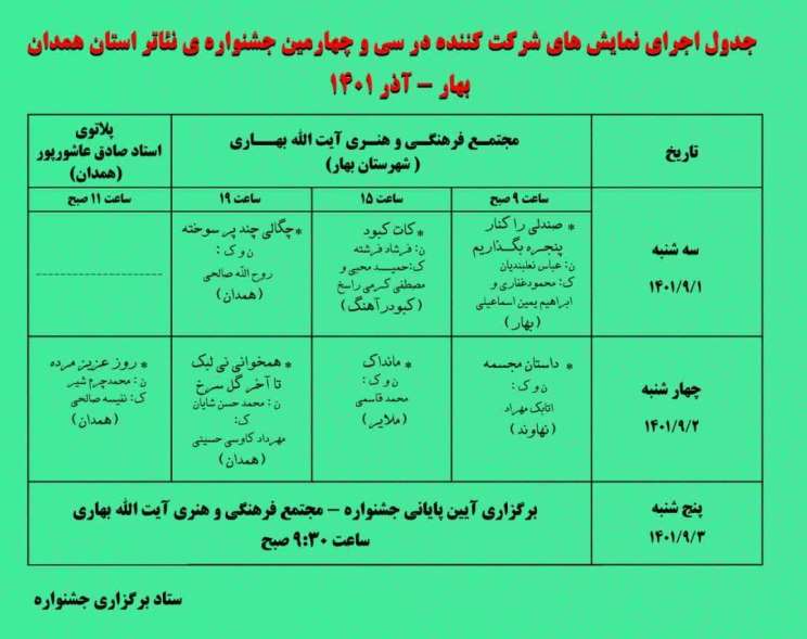 سی و چهارمین جشنواره تئاتر استان همدان در شهرستان بهار/ "اخلاق، امید و آگاهی" شعار ما در اجرای برنامه